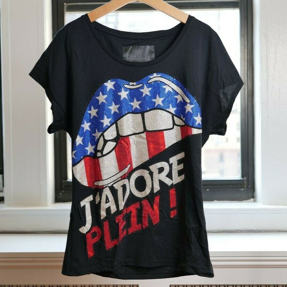 Philipp Plein Black Embellished Rhinestone "J'Adore Plein" T-Shirt M